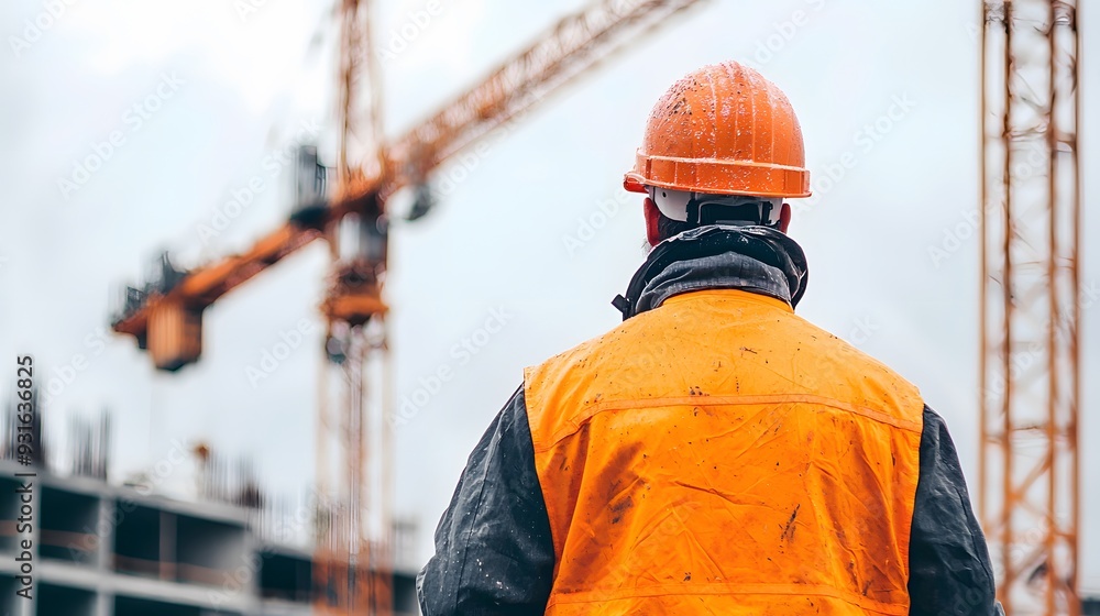 Construction Worker in Safety Helmet at Building Site with Heavy Machinery Construction Worker in Safety Helmet at Building Site with Heavy Machinery
