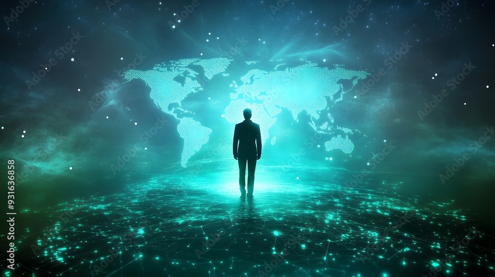 Fototapeta premium A leadership icon figure standing against a backdrop of a glowing digital world map, cool blue and green tones highlighting the figure, with ambient and directional lighting creating a global and