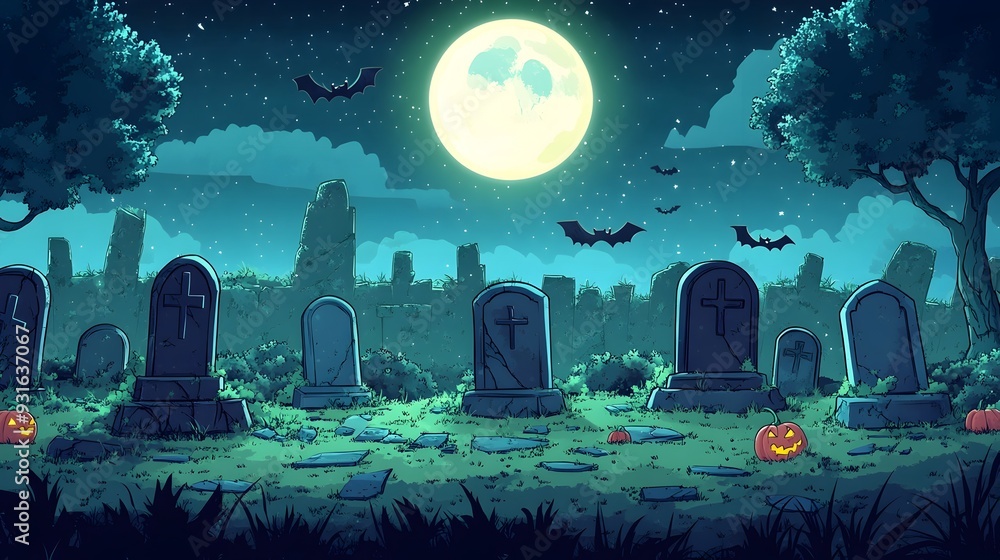 Whimsical Graveyard Under a Full Moon on a Spooky Halloween Night Whimsical Graveyard Under a Full Moon on a Spooky Halloween Night