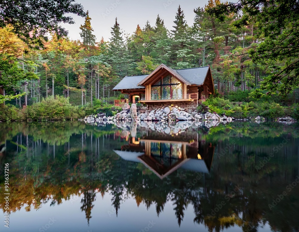 Nestled among trees by a serene lake, a peaceful house offers solitude and tranquility in nature. Nestled among trees by a serene lake, a peaceful house offers solitude and tranquility in nature.