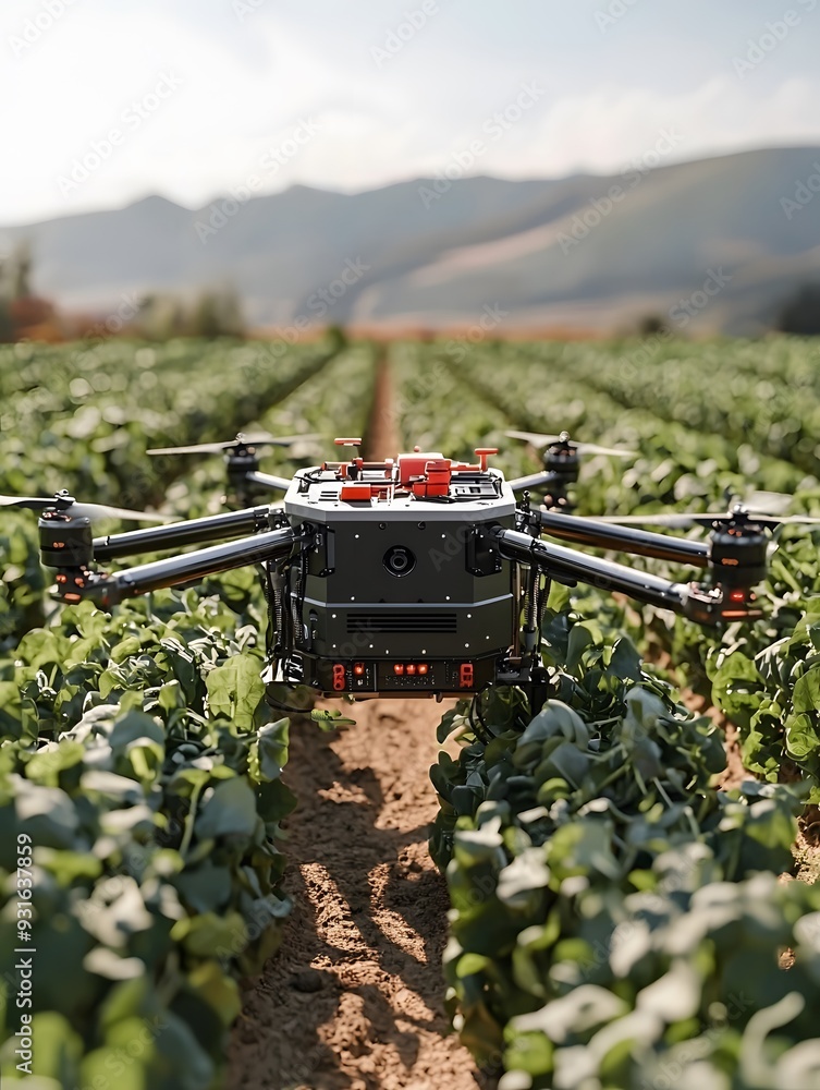 Drone flying over lush green agricultural field with precision farming technology Drone flying over lush green agricultural field with precision farming technology