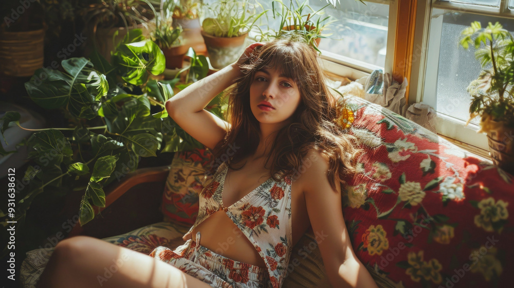 A woman in a floral dress sits on a couch by a window A woman in a floral dress sits on a couch by a window