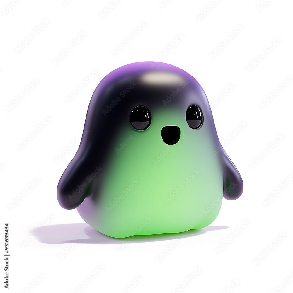 Cute cute colorful blob character with glowing green and purple hues and big black eyes, isolated on a white background, 3D rendering. Halloween Art Toy Character Design. Cute cute colorful blob character with glowing green and purple hues and big black eyes, isolated on a white background, 3D rendering. Halloween Art Toy Character Design.