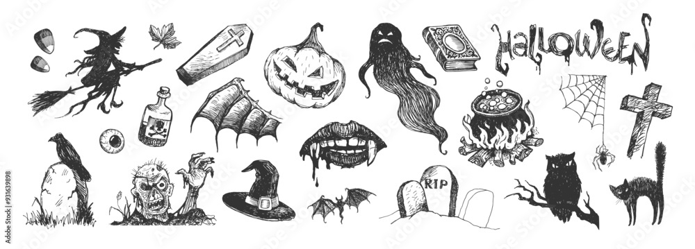 Fototapeta premium Halloween hand drawn set. Vector illustration.