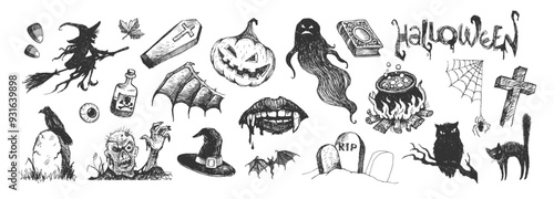 Halloween hand drawn set. Vector illustration.