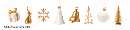 Set of white and gold realistic Christmas decorations. 3d render vector illustration. Design elements for greeting card or invitation.