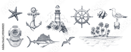 Travel and adventures hand drawn set. Vector illustration.