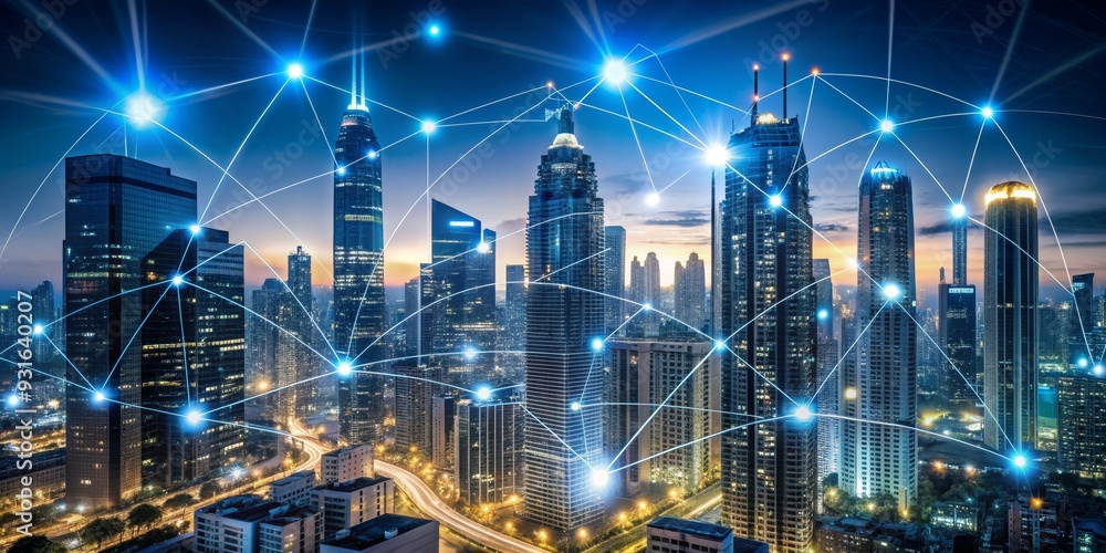 custom made wallpaper toronto digitalCityscape Illuminated by a Network of Connections, Smart City, Urban Development, Technology , Network , Connection