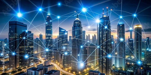 Wallpaper Mural Cityscape Illuminated by a Network of Connections, Smart City, Urban Development, Technology , Network , Connection Torontodigital.ca