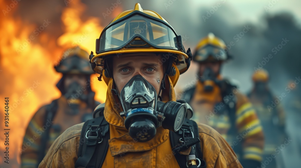 Fire. Emergency service. Professional firefighter extinguishes a fire. Concept of fire and industrial safety. Rescuers. Fire. Emergency service. Professional firefighter extinguishes a fire. Concept of fire and industrial safety. Rescuers.