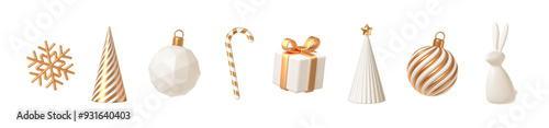 Set of white and gold realistic Christmas decorations. 3d render vector illustration. Design elements for greeting card or invitation.