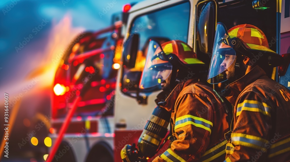 Fire. Emergency service. Professional firefighter extinguishes a fire. Concept of fire and industrial safety. Rescuers. Fire. Emergency service. Professional firefighter extinguishes a fire. Concept of fire and industrial safety. Rescuers.