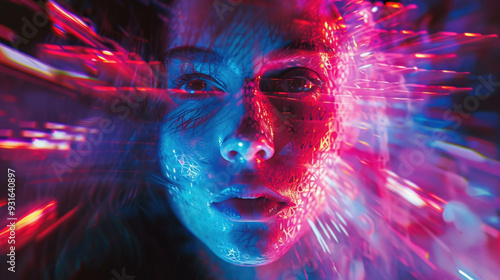 A close up of a womans face with glowing lights emanating