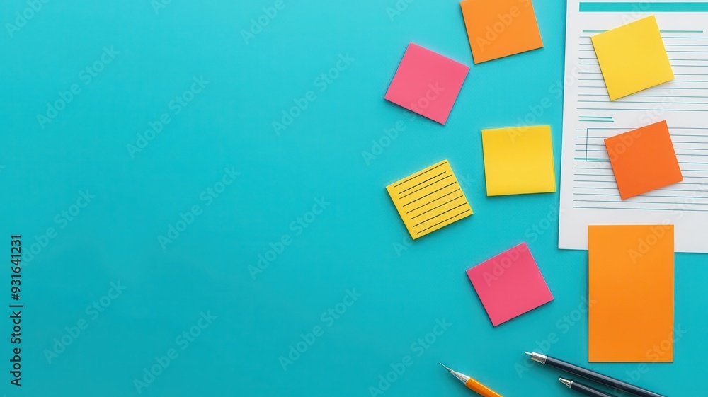 Planning meeting with sticky notes, agenda topics, and strategy chart, flat design illustration Planning meeting with sticky notes, agenda topics, and strategy chart, flat design illustration
