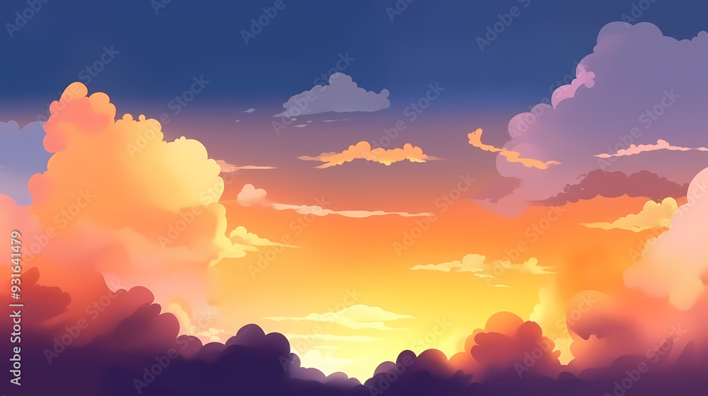 The glow of the sky at sunset. Anime style background with shining sun and white fluffy clouds. Sunny day sky scene cartoon vector illustration. The glow of the sky at sunset. Anime style background with shining sun and white fluffy clouds. Sunny day sky scene cartoon vector illustration.