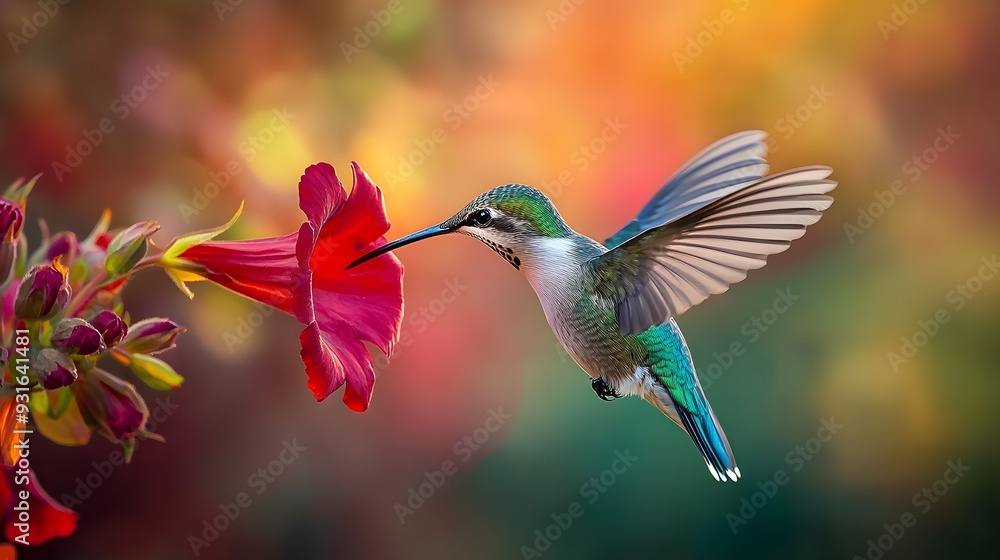 Naklejka premium Close-up of a hummingbird feeding on a red trumpet flower, wings frozen in motion, iridescent feathers, bokeh background, macro wildlife photography, vivid colors.