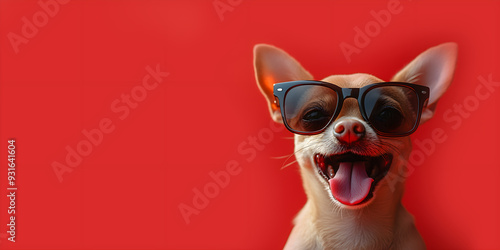 Happy chihuahua dog in sunglasses isolated on red background. Banner with funny smiling pet. Space for text, copy space