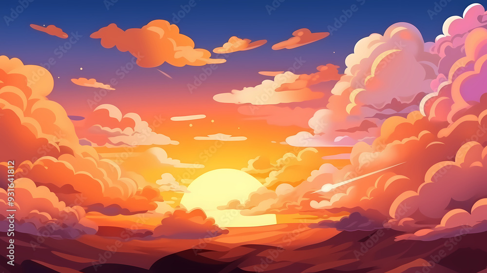 Fototapeta premium The glow of the sky at sunset. Anime style background with shining sun and white fluffy clouds. Sunny day sky scene cartoon vector illustration.