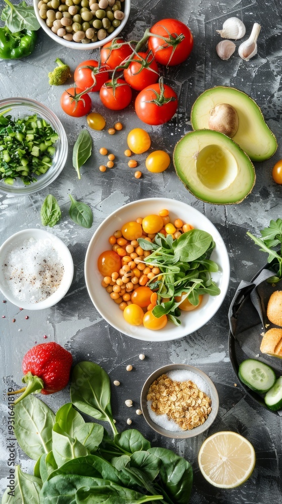 An inviting scene with a variety of fruits and vegetables arranged on a gray table. Tomatoes, avocado, lemon, spinach, and chickpeas are featured, creating a fresh and rustic ambiance. An inviting scene with a variety of fruits and vegetables arranged on a gray table. Tomatoes, avocado, lemon, spinach, and chickpeas are featured, creating a fresh and rustic ambiance.