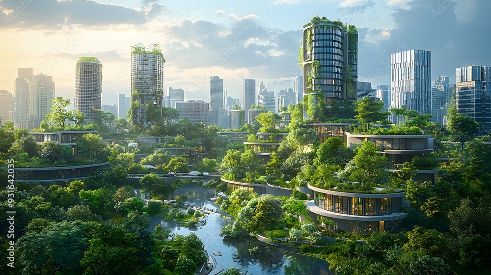 Fototapeta premium Futuristic Eco Friendly Skyscrapers Surrounded by Lush Urban Greenery and Scenic Cityscape
