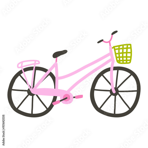 Cute hand drawn bicycle with basket, cartoon flat vector illustration isolated on white background. Concepts of healthy lifestyle, transportation and traveling.