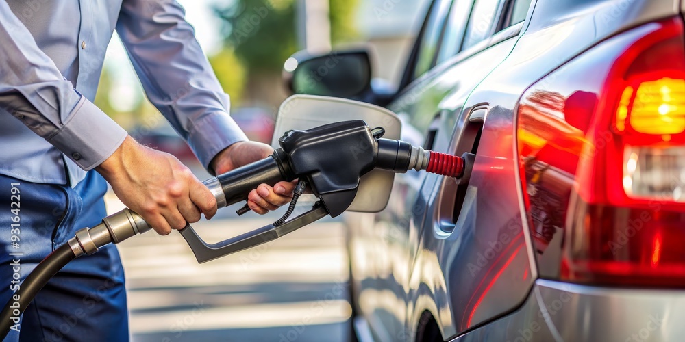 Man Filling Up Gas Tank, Close Up of Hand Holding Fuel Nozzle, Silver Car, Red Taillight, Gas Station, Fuel, Car Man Filling Up Gas Tank, Close Up of Hand Holding Fuel Nozzle, Silver Car, Red Taillight, Gas Station, Fuel, Car
