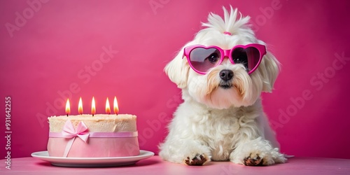 Maltese Dog Wearing Heart Sunglasses with Birthday Cake, Pet Portrait , Birthday , Dog , Celebration photo