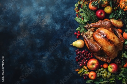 Roasted Turkey with Autumn Fruits and Greens on a Blue Background