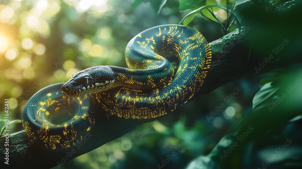 A python wrapped around a tree branch, its body overlaid with ...
