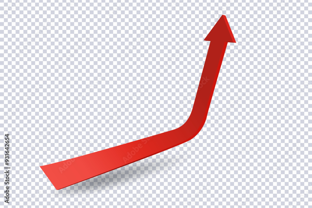 Abstract Curved Red Arrow. Market movements creative concept charts, infographics. Red curve arrow with shadow on transparent. Trading stock news impulses. Realistic 3d vector design of trend