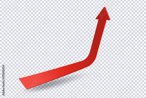 Abstract Curved Red Arrow. Market movements creative concept charts, infographics. Red curve arrow with shadow on transparent. Trading stock news impulses. Realistic 3d vector design of trend