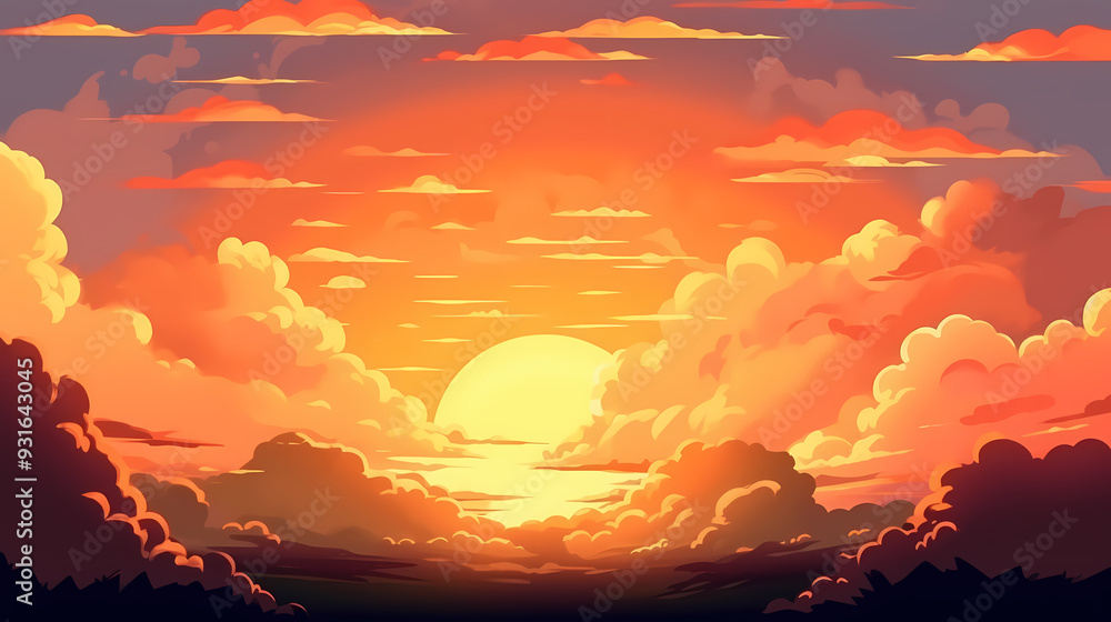 The glow of the sky at sunset. Anime style background with shining sun and white fluffy clouds. Sunny day sky scene cartoon vector illustration. The glow of the sky at sunset. Anime style background with shining sun and white fluffy clouds. Sunny day sky scene cartoon vector illustration.