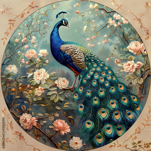 Art nouveau artistic image of peacock in a round shape,Luxurious peacock with an open tail,magnificent realistic peacock