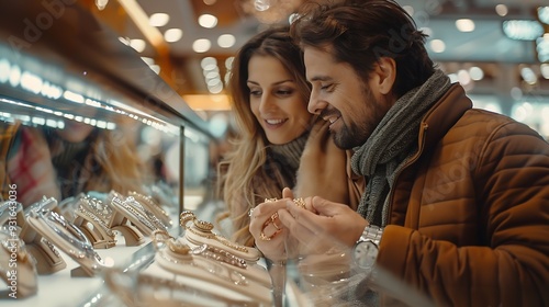 lovely couple choose and buy luxurious jewelry in shopping center inside of mall center : Generative AI photo