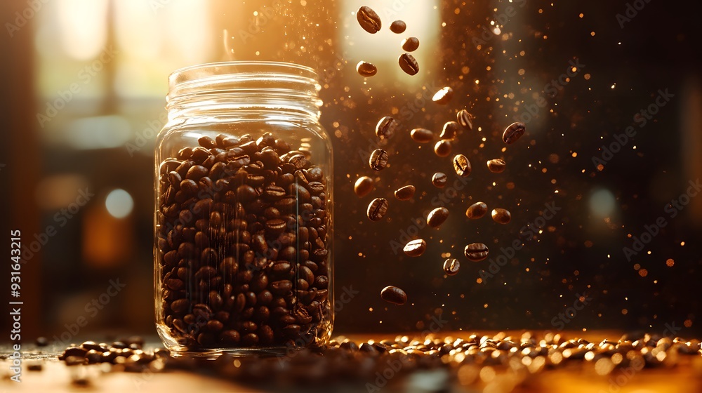 Coffee beans falling into a glass jar, rich brown tones, morning sunlight, close-up, freeze-frame motion, aromatic scene, cafe ambiance, lens flare, backlit. Coffee beans falling into a glass jar, rich brown tones, morning sunlight, close-up, freeze-frame motion, aromatic scene, cafe ambiance, lens flare, backlit.