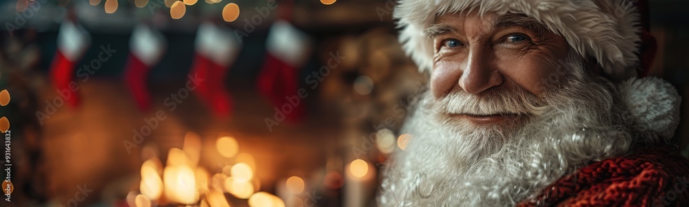 Santa claus is standing in front of a fireplace with candles Santa claus is standing in front of a fireplace with candles