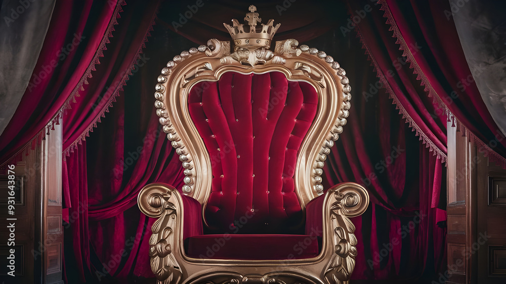 a red chair with a gold frame and red curtains with candles on it. a red chair with a gold frame and red curtains with candles on it.