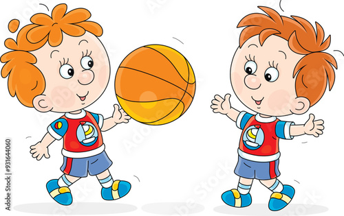 Funny little boys basketball players playing a ball during a match or train, vector cartoon illustration isolated on a white background