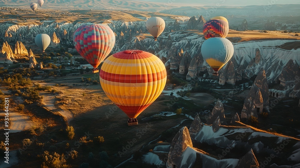 Obraz premium Colorful hot air balloons ascending over Cappadocia landscape, unique rock formations, early morning light, travel photography, vibrant colors against earthy tones.