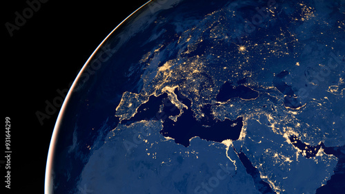 Earth photo at night, City Lights of Europe, Middle East, Turkey, Italy, Black Sea, Mediterrenian Sea from space, World map globe. Satellite HD photo. Elements of this image furnished by NASA.