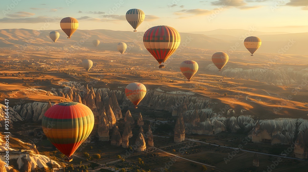 Obraz premium Colorful hot air balloons ascending over Cappadocia landscape, unique rock formations, early morning light, travel photography, vibrant colors against earthy tones.