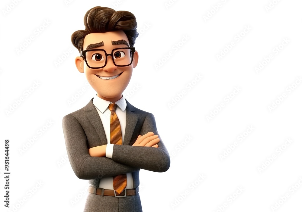 A cartoon character of an adult male in his late thirties, wearing glasses and smiling with arms crossed, dressed as a real estate agent on a white background A cartoon character of an adult male in his late thirties, wearing glasses and smiling with arms crossed, dressed as a real estate agent on a white background