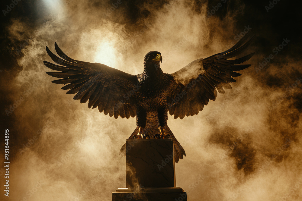 Fototapeta premium A powerful eagle statue with wings outstretched, standing on a marble pedestal, surrounded by dramatic smoke and lighting, symbolizing strength, freedom, and dominance. 