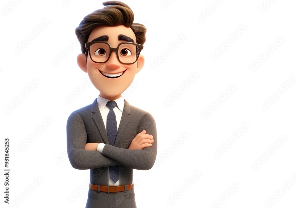 A cartoon character of an adult male in his late thirties, wearing glasses and smiling with arms crossed, dressed as a real estate agent on a white background A cartoon character of an adult male in his late thirties, wearing glasses and smiling with arms crossed, dressed as a real estate agent on a white background
