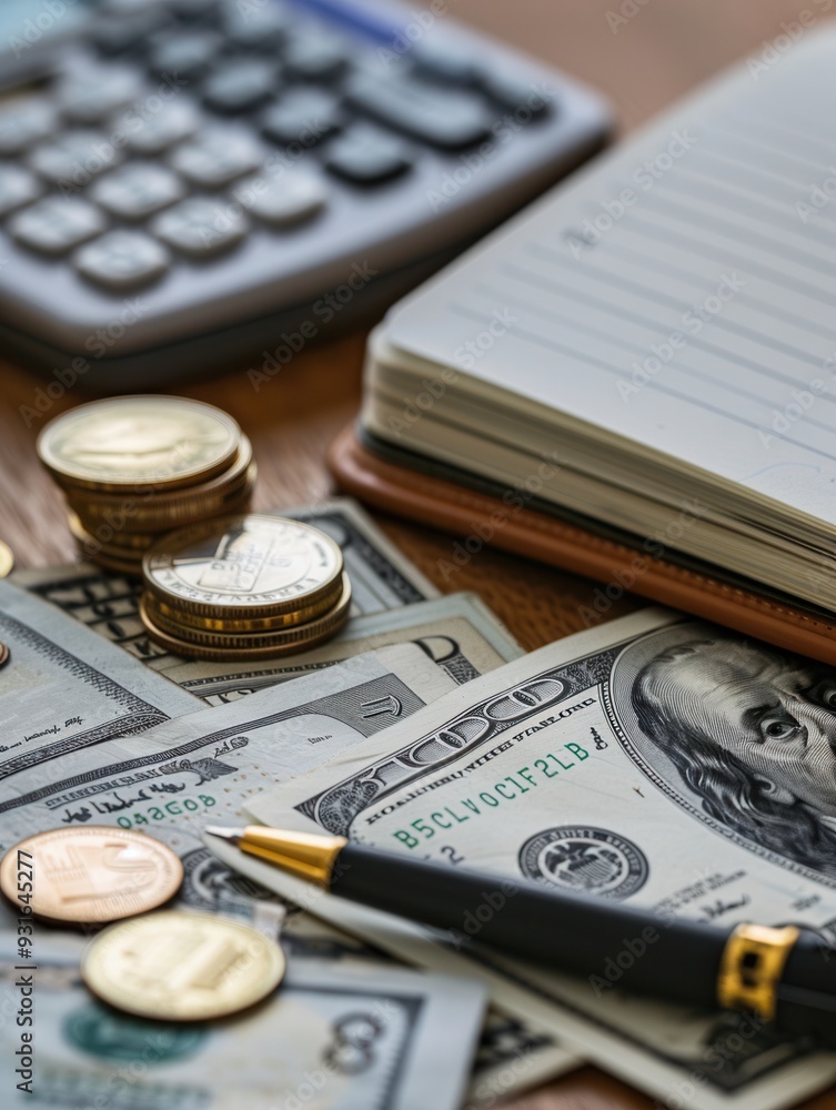 Fototapeta premium A stack of cash, coins, and an open notebook filled with calculations are spread across a wooden desk in a comfortable office setting. Generative AI