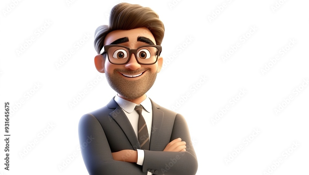 A cartoon character of an adult male in his late thirties, wearing glasses and smiling with arms crossed, dressed as a real estate agent on a white background A cartoon character of an adult male in his late thirties, wearing glasses and smiling with arms crossed, dressed as a real estate agent on a white background