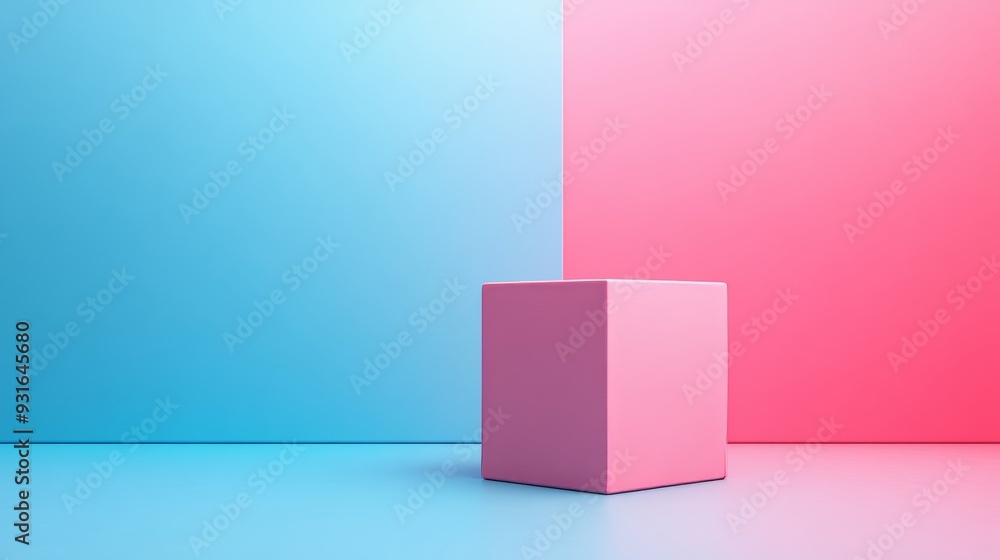 A pink box is standing in front of a blue wall A pink box is standing in front of a blue wall
