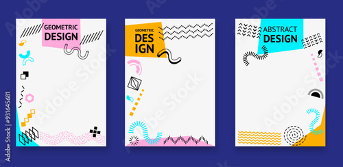 Abstract Memphis modern geometric posters with vibrant shapes. Vector backgrounds, vertical cards design with bold colors and playful patterns, dynamic visual compositions with retro-futuristic vibe