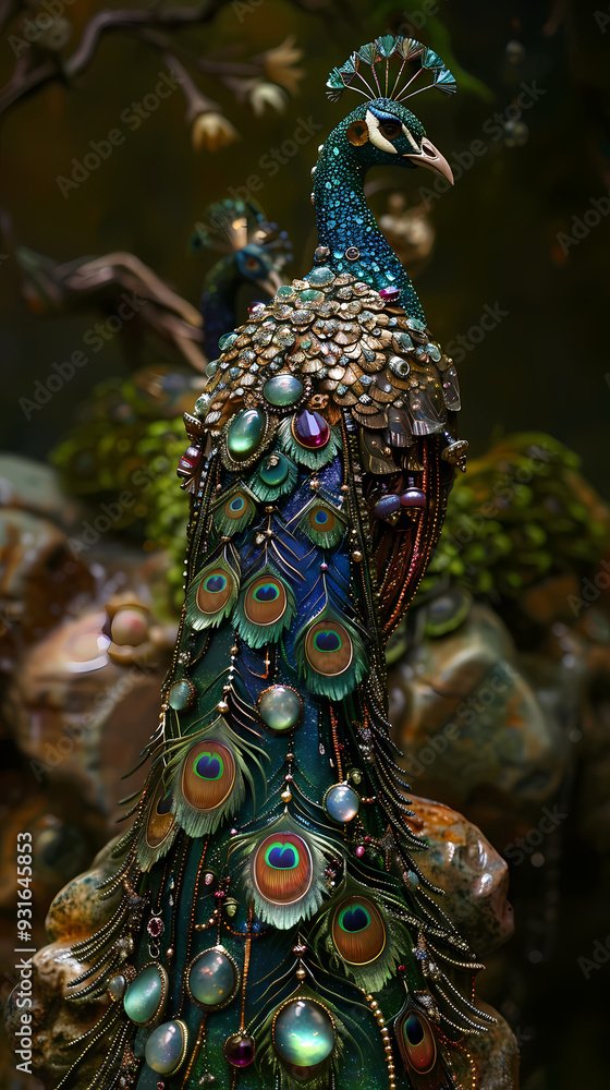 Obraz premium Art nouveau artistic image of peacock in a round shape,Luxurious peacock with an open tail,magnificent realistic peacock