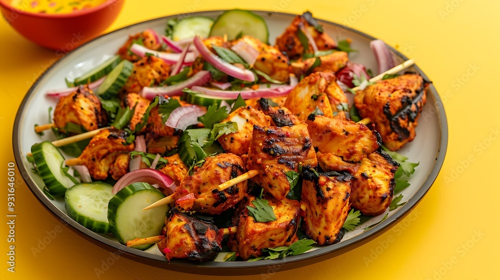 Chicken malai boti tikka with cucumber and onion salad served in dish isolated orange background Chicken malai boti tikka with cucumber and onion salad served in dish isolated orange background